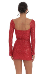 Sequin Long Sleeve Dress in Red