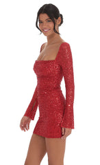 Sequin Long Sleeve Dress in Red