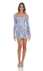 Sequin Pattern Long Sleeve Dress in Blue